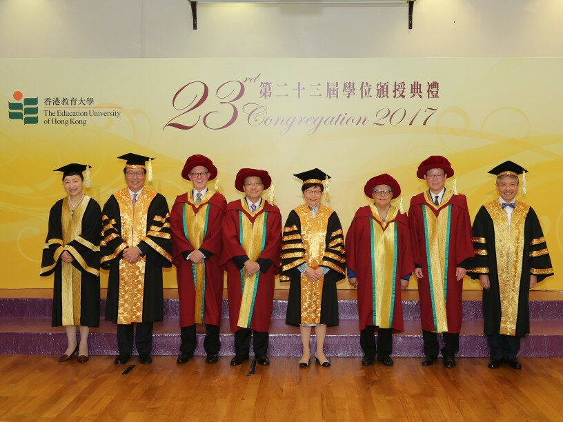 From left: Ms Susanna Chiu Lai-kuen, EdUHK Council Treasurer; Professor Frederick Ma Si-hang, EdUHK Council Chairman; Professor Andy Hargreaves – Doctor of Education, honoris causa; Professor Anthony Cheung Bing-leung – Doctor of Education, honoris causa; Mrs Carrie Lam Cheng Yuet-ngor, Chancellor of EdUHK and Chief Executive of the Hong Kong Special Administrative Region; Dr Rita Fan-Hsu Lai-tai – Doctor of Social Sciences, honoris causa; Dr Thomas Leung Kwok-fai – Doctor of Education, honoris causa; Professor Stephen Cheung Yan-leung, President of EdUHK.