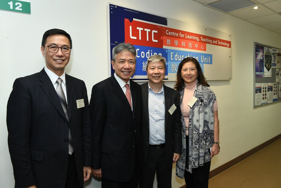 Officiating at the opening ceremony of Coding Education Unit are (from the left) Mr Kevin Yeung Yun-hung, Professor Stephen Cheung Yan-leung, Professor Kong Siu-cheung and Dr Marjorie Yang Mun-tak.