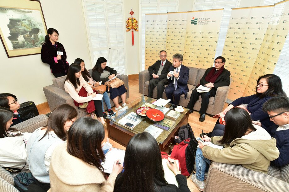 Professor Stephen Cheung Yan-leung, EdUHK President, speaks to the media at his lodge.