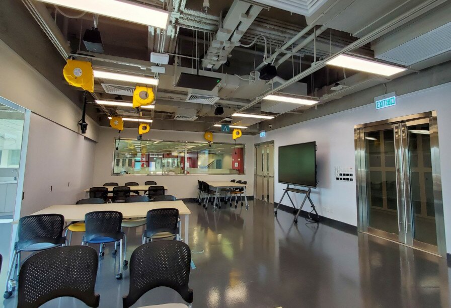 STEM classroom with workbenches inside STEM Room