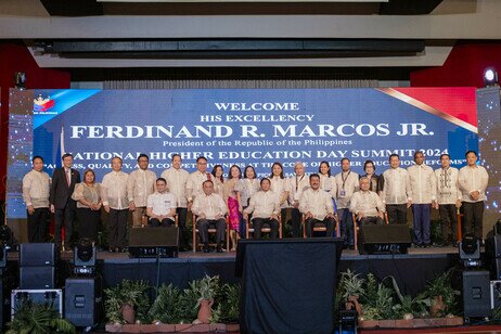 Prof Lee (second from left in second row) takes a group photo with government officials and education experts in the Philippines attending the National Higher Education Day Summit, including Philippine President Ferdinand Marcos Jr (middle in first row)