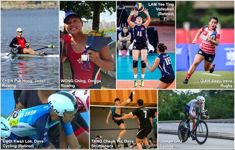 From top left: Mr Chen Pak-hong (rowing), Mr Wong Ching (rowing), Miss Lam Yee-ting (volleyball, retired), Miss Qian Jiayu (rugby), Mr Choi Kwan-lok (cycling, retired), Mr Tang Cheuk-yiu (shuttlecock) and Mr Joseph Lau (cycling)