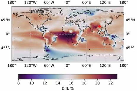 Global distribution of annual average relative differences (in percentage) in the computed Black Carbon (BC) Absorbing Aerosol Optical Depth (AAOD) between the Core-Shell and DEMA models. The point indicates the observation station used in this study. 