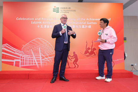 Mr Dagorné (left) shares his coaching journey with Dr Lobo Louie, (right) Senior Lecturer of the Department of Health and Physical Education 