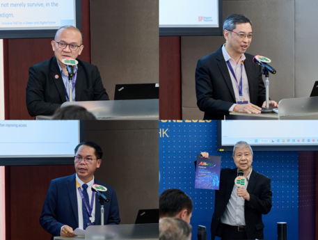 「职业技术教育与人工智能及数码转型」主题专题分享及工作坊的讲者：（上排左起）东南亚教育部长组织职业技术教育与培训区域中心总监Norjemee Jenek先生、新加坡理工学院副校长（学术）Loh Yew Chiong先生；（下排左起）老挝教育与体育部技术与职业教育培训司副总干事Thongsa Inthavong先生，以及教大数学与资讯科技学系讲座教授、人工智能及数码能力教育中心总监江绍祥教授