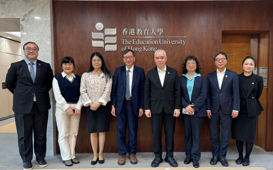 （左起）教大教育發展與創新學院項目經理鄧健清先生、教大助理副校長（研究）谷明月教授、澳科大協理副校長梁文慧教授、教大校長李子建教授、澳科大副校長（行政、策略）唐嘉樂博士、澳科大圖書館館長肖瓏女士、澳科大研究生院主任馮鈞國博士，以及澳科大秘書處趙穎妍女士於今年3月會面，為兩校深化合作奠定基礎